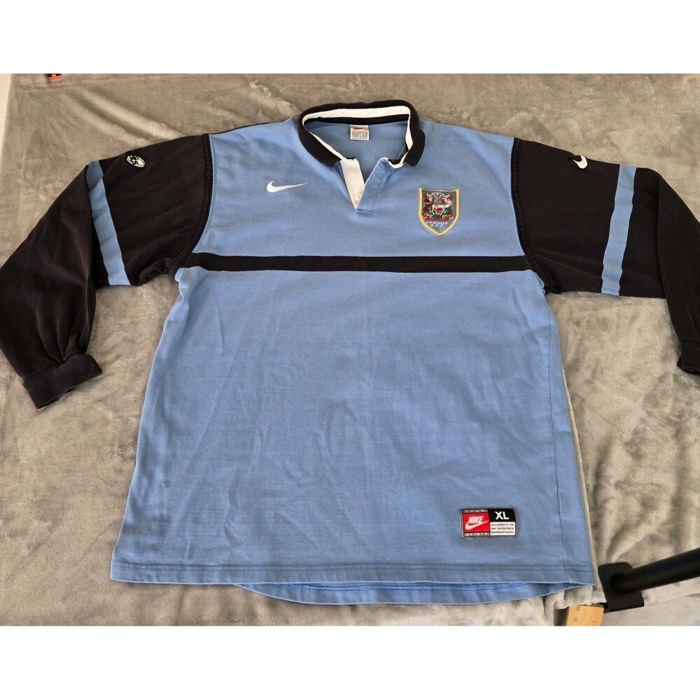 Vtg 90s Nike Cardiff RFC Rugby Union Shirt Jersey Long Sleeve Blue Black XL rare